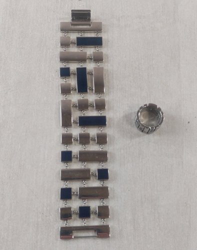 Parure, bracelet + bague, Swatch, en métal argenté ^