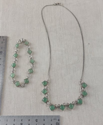 Parure, bracelet + collier, pierres agate, en argent massif