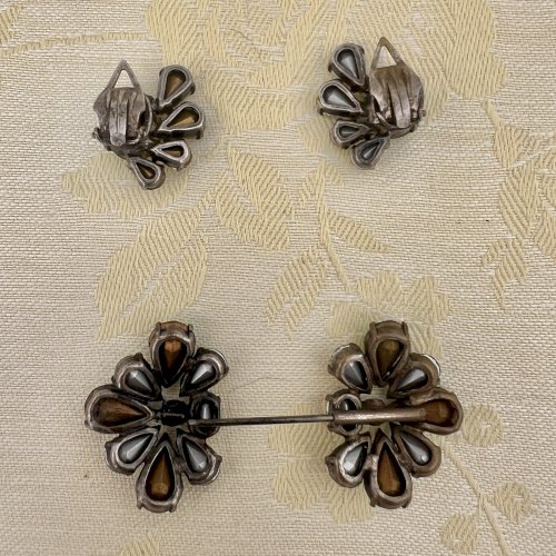 Parure Couture Circa 1950 Boucle D’Oreille Et Épingles Double Swarovski Vintage