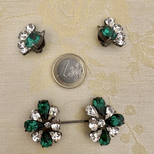 Parure Couture Circa 1950 Boucle D’Oreille Et Épingles Double Swarovski Vintage