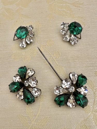 Parure Couture Circa 1950 Boucle D’Oreille Et Épingles Double Swarovski Vintage