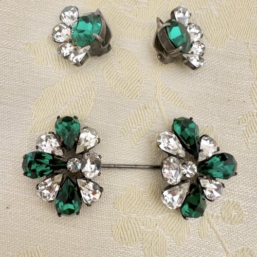 Parure Couture Circa 1950 Boucle D’Oreille Et Épingles Double Swarovski Vintage