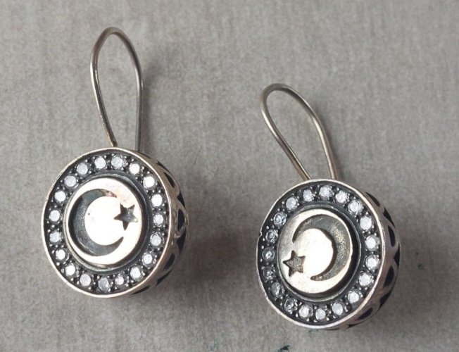 Parure, croissant lune + étoile, collier, boucles d'oreilles, bague, argent