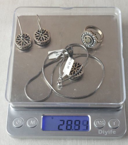 Parure, croissant lune + étoile, collier, boucles d'oreilles, bague, argent