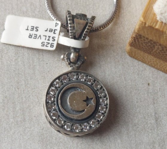 Parure, croissant lune + étoile, collier, boucles d'oreilles, bague, argent