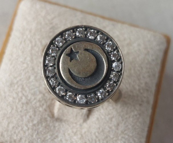 Parure, croissant lune + étoile, collier, boucles d'oreilles, bague, argent