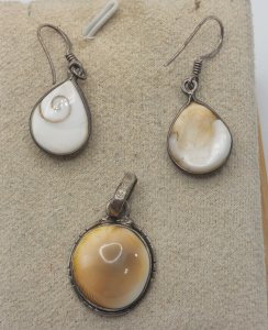 Pendant necklace and earrings set, seashell, made of solid silver