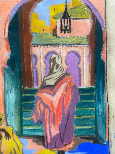 Pastel fauviste signé daté 1941 représentant scène orientaliste Maroc mosquée