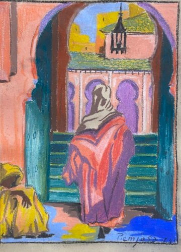 Pastel fauviste signé daté 1941 représentant scène orientaliste Maroc mosquée