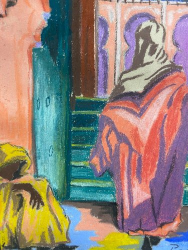 Pastel fauviste signé daté 1941 représentant scène orientaliste Maroc mosquée