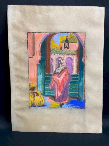 Pastel fauviste signé daté 1941 représentant scène orientaliste Maroc mosquée