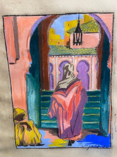 Pastel fauviste signé daté 1941 représentant scène orientaliste Maroc mosquée