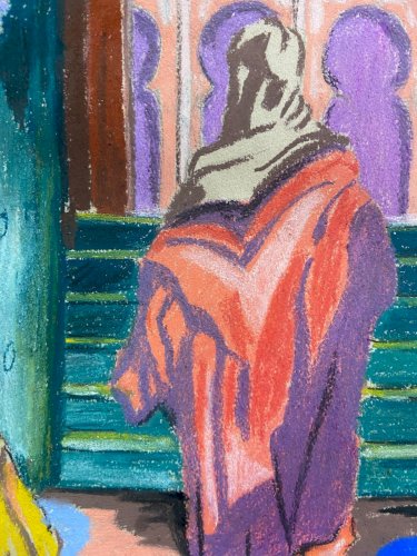 Pastel fauviste signé daté 1941 représentant scène orientaliste Maroc mosquée