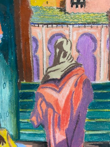Pastel fauviste signé daté 1941 représentant scène orientaliste Maroc mosquée