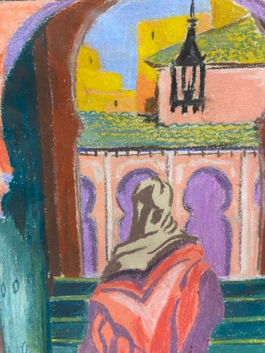 Pastel fauviste signé daté 1941 représentant scène orientaliste Maroc mosquée