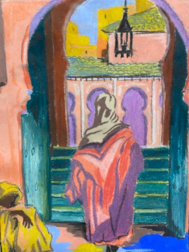 Pastel fauviste signé daté 1941 représentant scène orientaliste Maroc mosquée