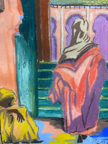Pastel fauviste signé daté 1941 représentant scène orientaliste Maroc mosquée
