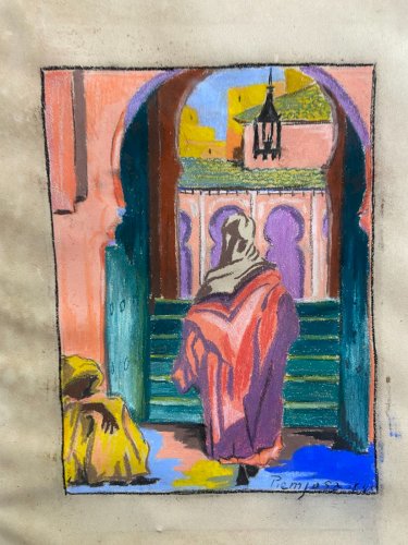 Pastel fauviste signé daté 1941 représentant scène orientaliste Maroc mosquée