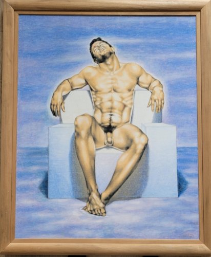 Pastel sur toile dYves EIXARCH : grand nu masculin assis