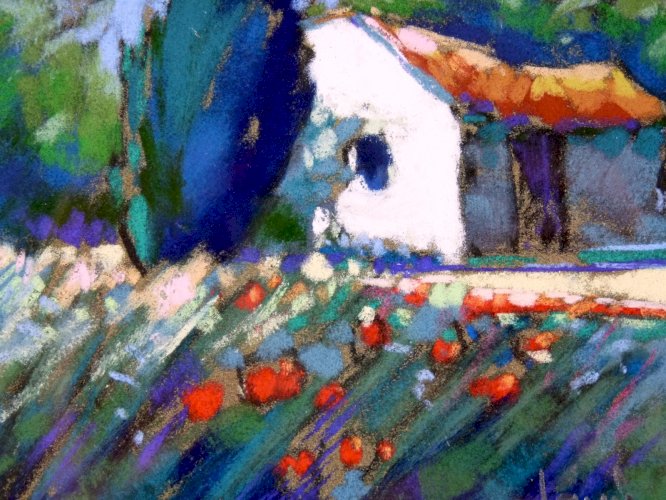 Pastel XX° CABANON SOUS MISTRAL Signé Philippe Janin cadre bois sous verre