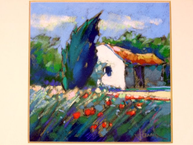 Pastel XX° CABANON SOUS MISTRAL Signé Philippe Janin cadre bois sous verre