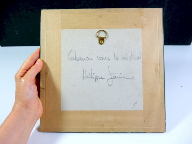 Pastel XX° CABANON SOUS MISTRAL Signé Philippe Janin cadre bois sous verre