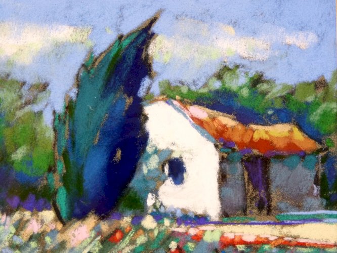 Pastel XX° CABANON SOUS MISTRAL Signé Philippe Janin cadre bois sous verre