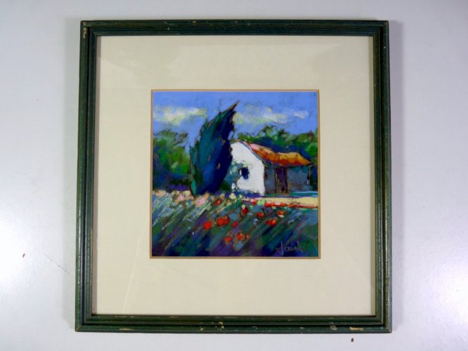Pastel XX° CABANON SOUS MISTRAL Signé Philippe Janin cadre bois sous verre