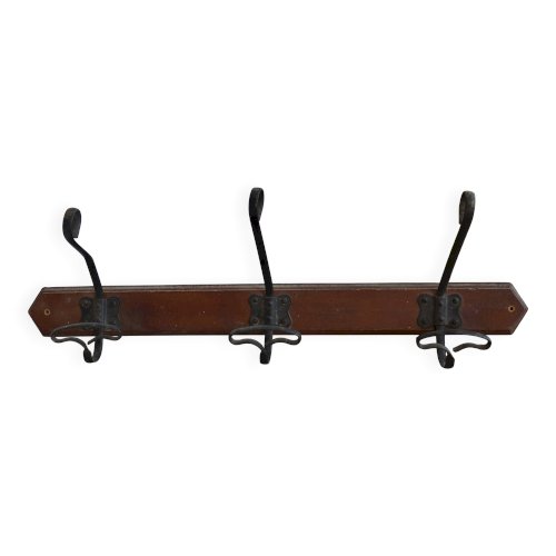 Patère murale ancienne en bois – 3 crochets métal