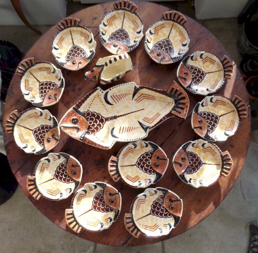 Mid-Century Paul Fouillen Quimper Service à Poissons Complet 