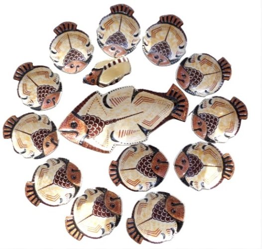 Mid-Century Paul Fouillen Quimper Service à Poissons Complet 