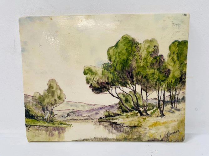 " Paysage de campagne " Huile sur plaque de porcelaine XX siècle