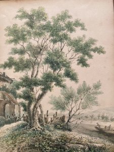 Peinture 1920 Aquarelle gouache  Paysage Barque Saule Arbre A Identifier