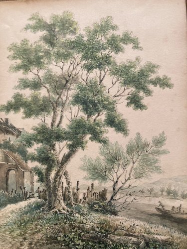 Peinture 1920 Aquarelle gouache  Paysage Barque Saule Arbre A Identifier