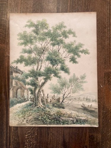 Peinture 1920 Aquarelle gouache  Paysage Barque Saule Arbre A Identifier