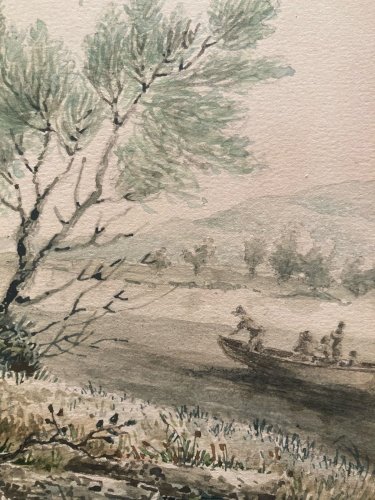 Peinture 1920 Aquarelle gouache  Paysage Barque Saule Arbre A Identifier