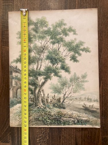 Peinture 1920 Aquarelle gouache  Paysage Barque Saule Arbre A Identifier