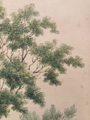 Peinture 1920 Aquarelle gouache  Paysage Barque Saule Arbre A Identifier