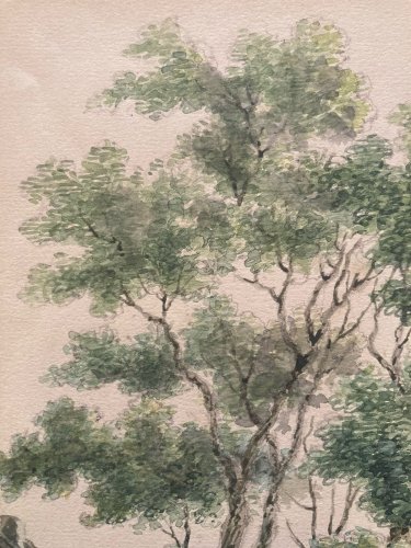 Peinture 1920 Aquarelle gouache  Paysage Barque Saule Arbre A Identifier