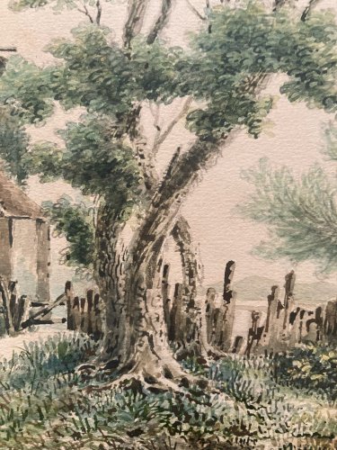 Peinture 1920 Aquarelle gouache  Paysage Barque Saule Arbre A Identifier