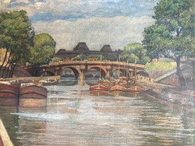Peinture 1920 Paris Huile Toile Impressionnisme Péniche Seine Ancien Art