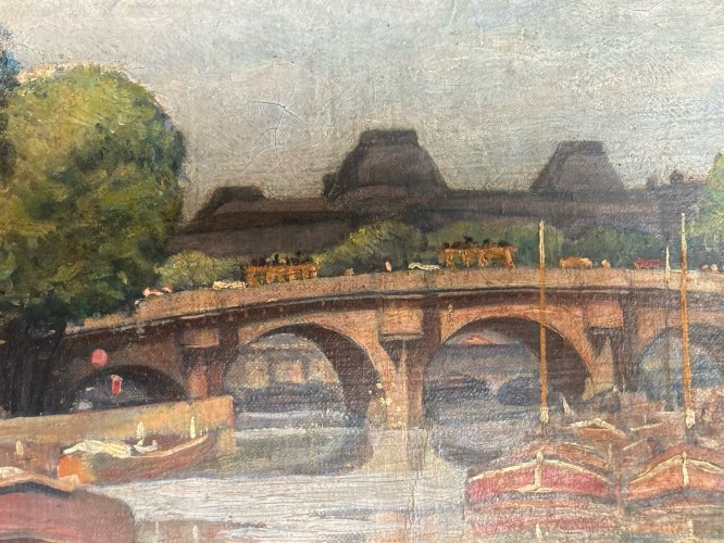 Peinture 1920 Paris Huile Toile Impressionnisme Péniche Seine Ancien Art