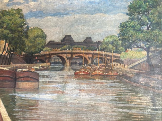 Peinture 1920 Paris Huile Toile Impressionnisme Péniche Seine Ancien Art