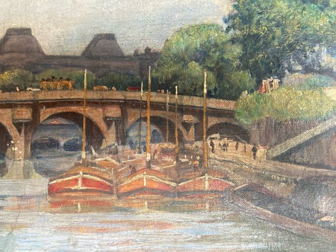 Peinture 1920 Paris Huile Toile Impressionnisme Péniche Seine Ancien Art