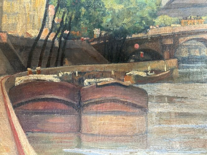 Peinture 1920 Paris Huile Toile Impressionnisme Péniche Seine Ancien Art