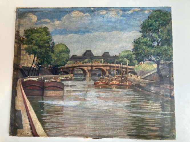 Peinture 1920 Paris Huile Toile Impressionnisme Péniche Seine Ancien Art