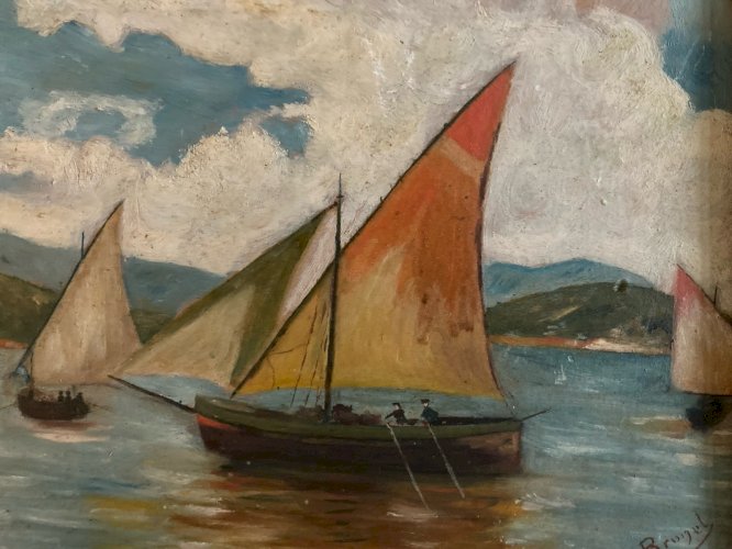 Peinture 1940 Huile sur carton Mer bateau Bretagne ? Signé Brugel Art