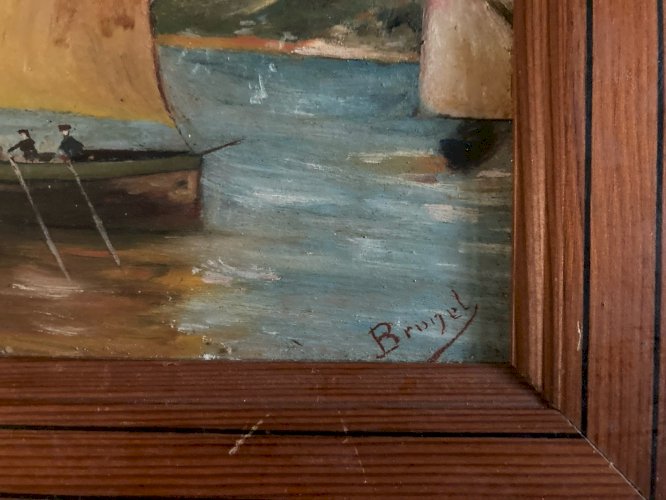 Peinture 1940 Huile sur carton Mer bateau Bretagne ? Signé Brugel Art