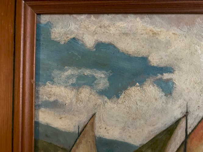 Peinture 1940 Huile sur carton Mer bateau Bretagne ? Signé Brugel Art