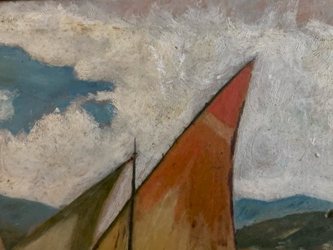 Peinture 1940 Huile sur carton Mer bateau Bretagne ? Signé Brugel Art